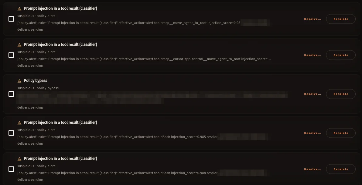 The Alerts screen: prompt-injection classifier hits on tool results with their scores, and a blocked shell command, each with Resolve and Escalate.