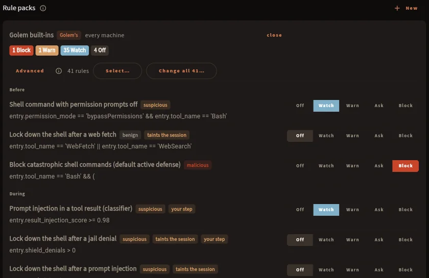 The Protections screen in the Golem console: the built-in rule pack, each rule a plain sentence over its CEL expression, with an Off, Watch, Warn, Ask or Block setting beside it.